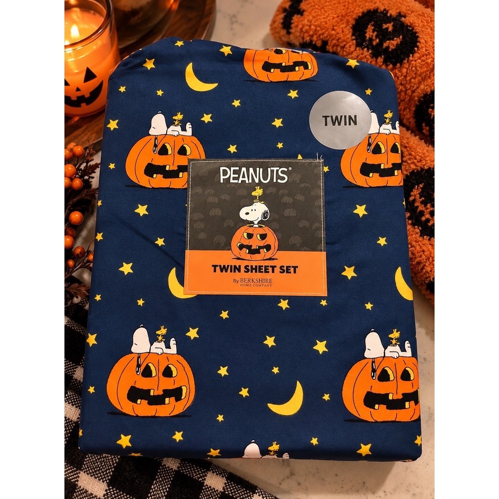Peanuts Snoopy Halloween Twin Sheet Set Berkshire Home Navy Pumpkin Woodstock